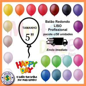 Balão Liso 5 Polegadas – 50 unidades – Bexiga de Látex – Happy Day
