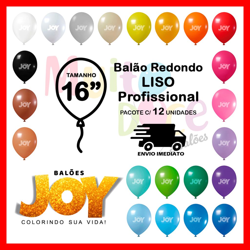 Balao 16 Polegadas Balão Liso 16 Polegadas – 12 unidades – Bexiga de Látex – Joy - Muito Doce