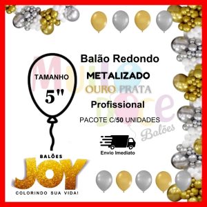 Balão Metalizado 5 Polegadas – 50 unidades – Bexiga de Látex – Joy